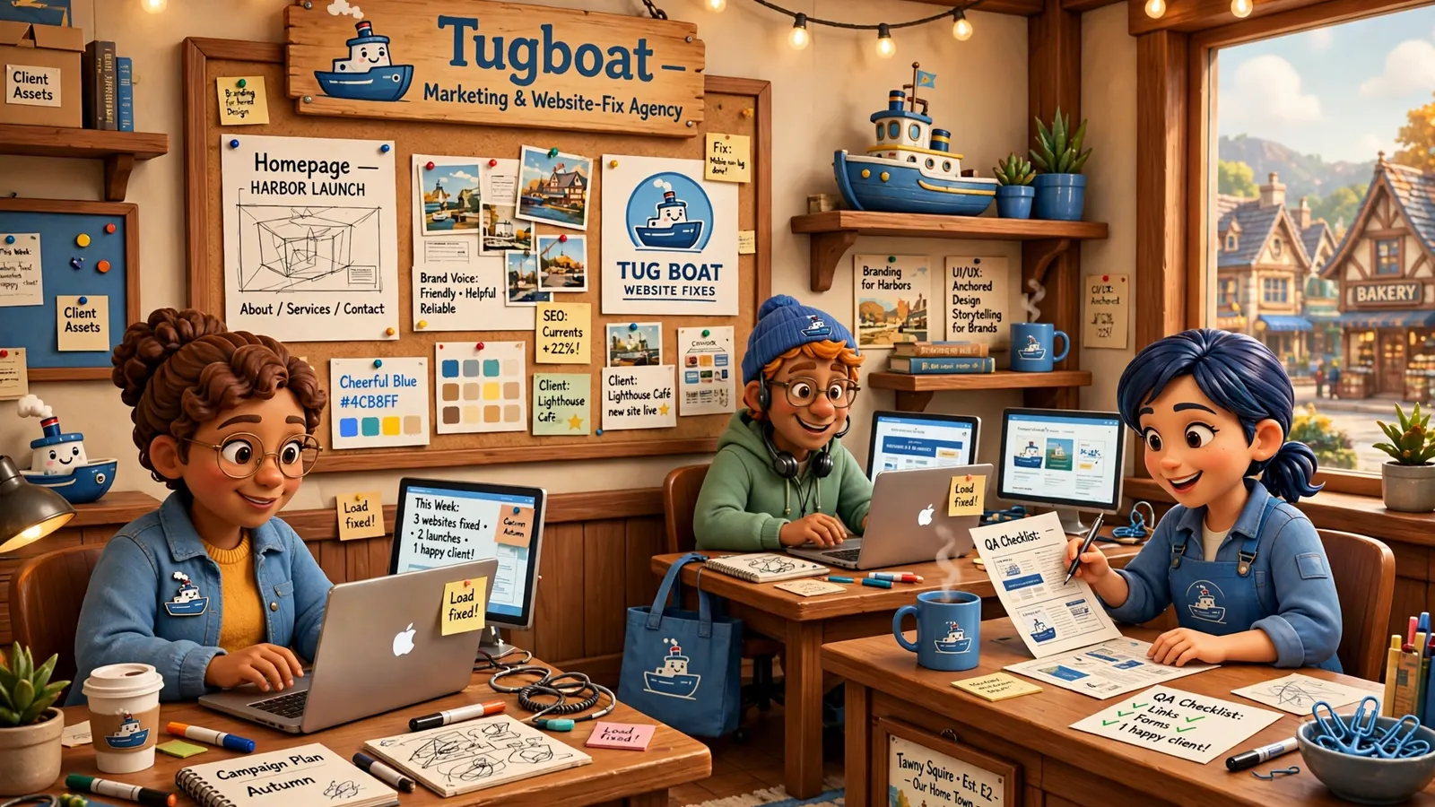 Inside the Tugboat agency: the crew at their desks with laptops, website mood boards and QA checklists on the walls