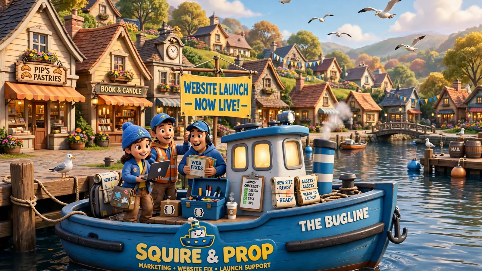 The Tugboat crew loading their boat at the TawnySquire harbor under a Website Launch Now Live banner