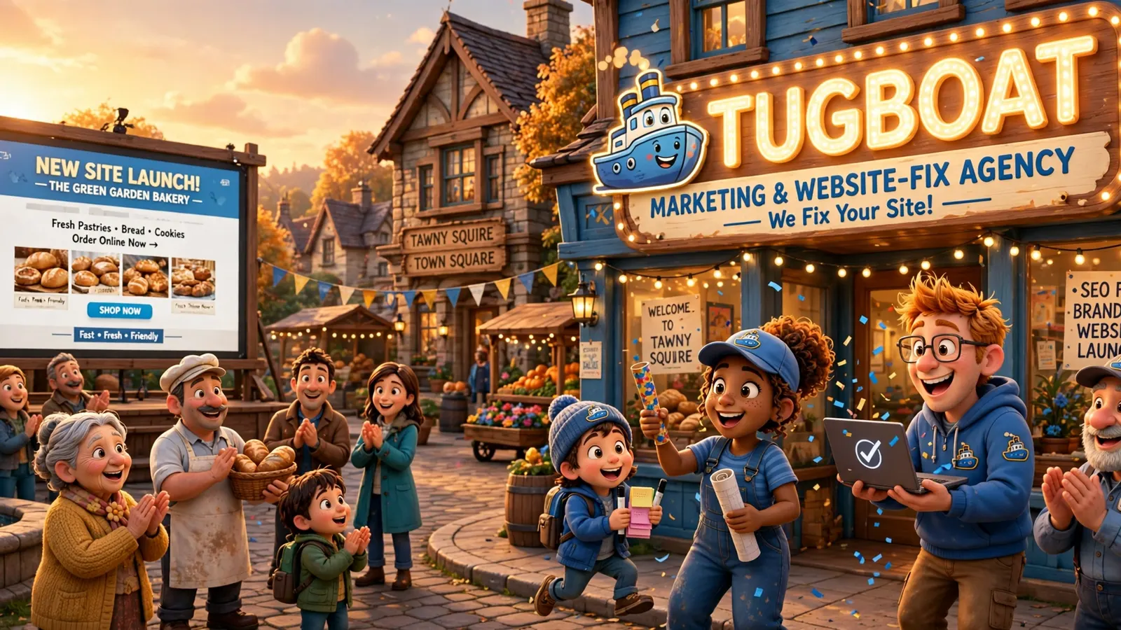 Golden hour in the town square: the whole town applauds a new website reveal outside the glowing Tugboat agency sign