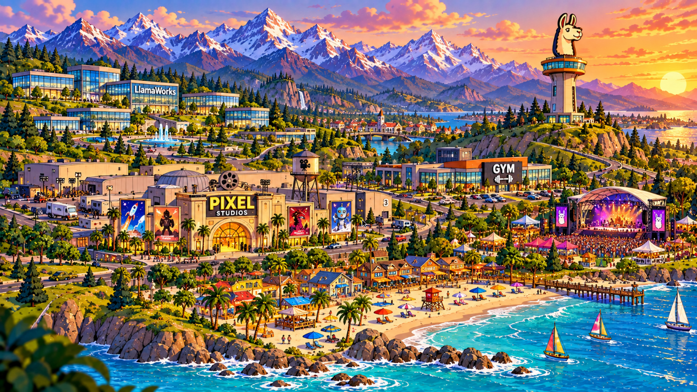 Studio World mainland area in flat 2D cartoon style