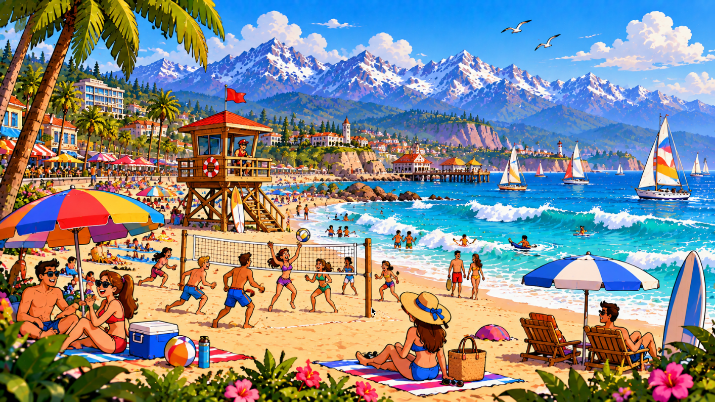 Studio World beach in flat 2D cartoon style