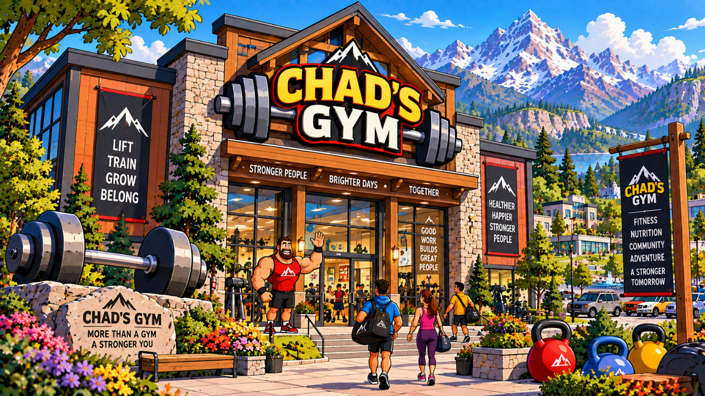 Chad's Gym in flat 2D cartoon style