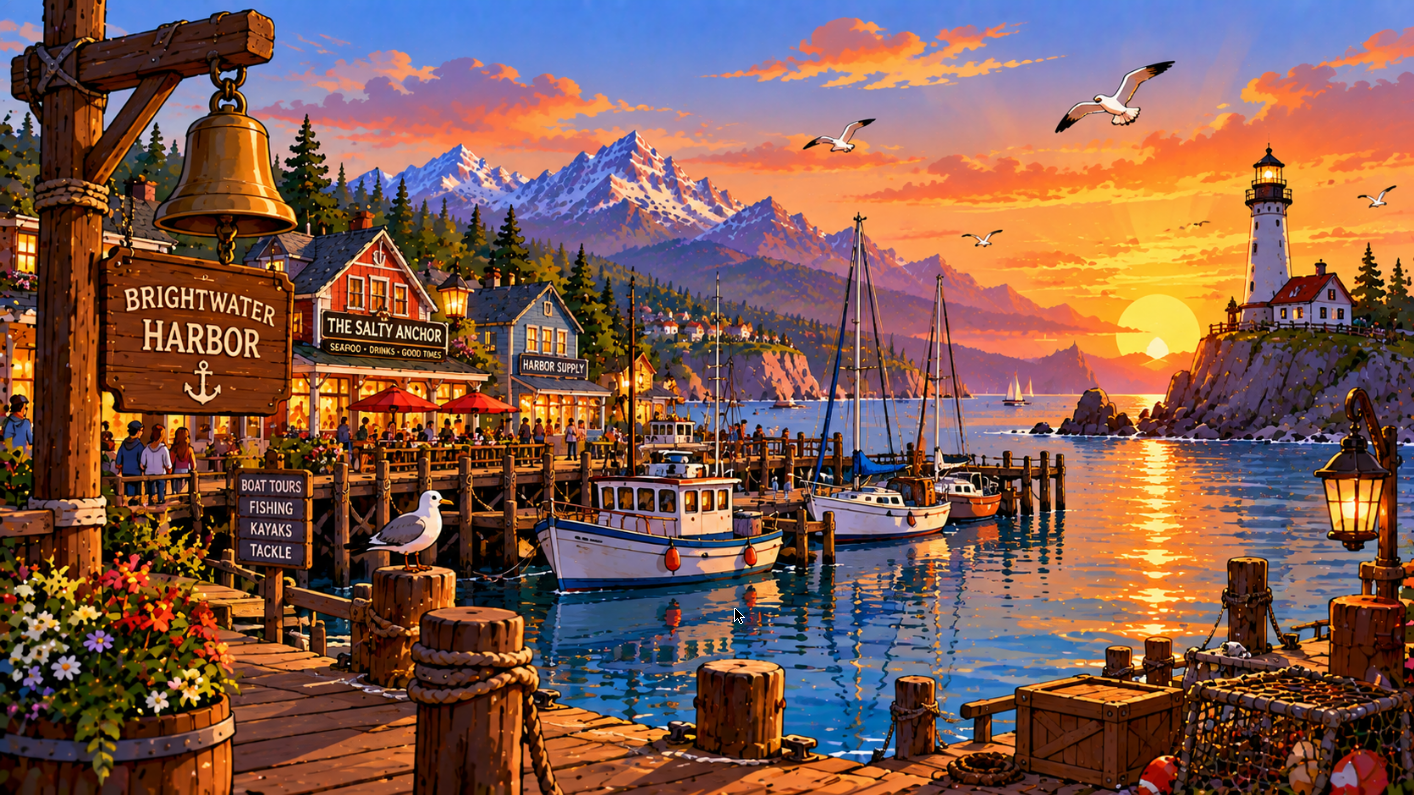 Harbor at sunrise in flat 2D cartoon style