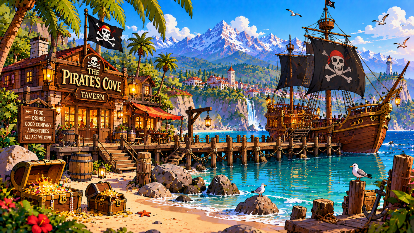 Pirate cove in flat 2D cartoon style