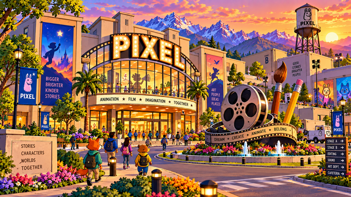 Pixel movie studio in flat 2D cartoon style