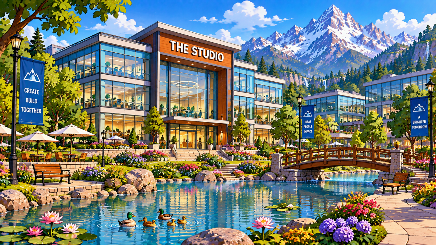 The Studio campus in flat 2D cartoon style