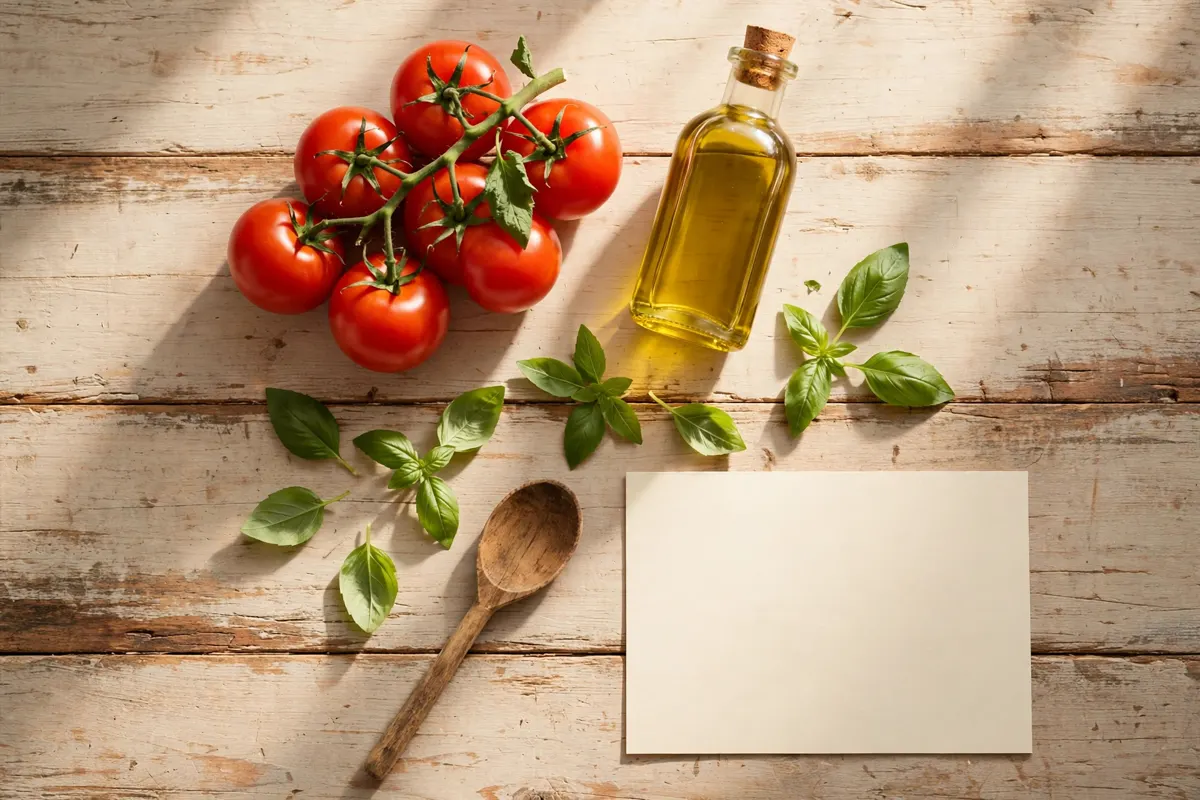 Tomatoes, olive oil, basil, and a blank recipe card on a wooden kitchen counter