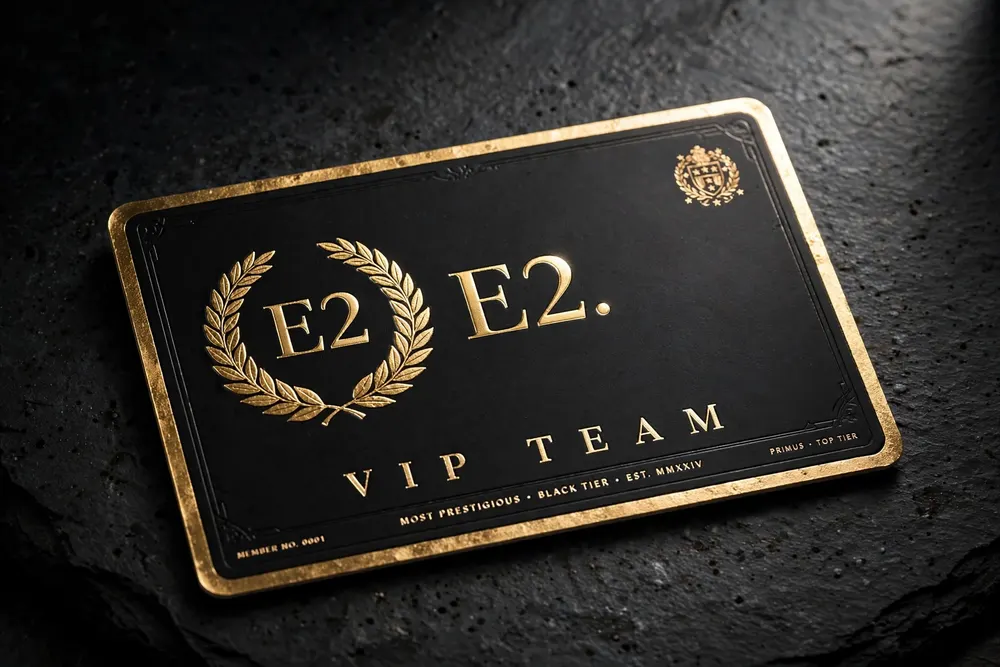 E2 VIP Team membership card, black with gold edge and laurel seal