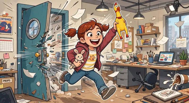 Marty bursts in with the rubber chicken.