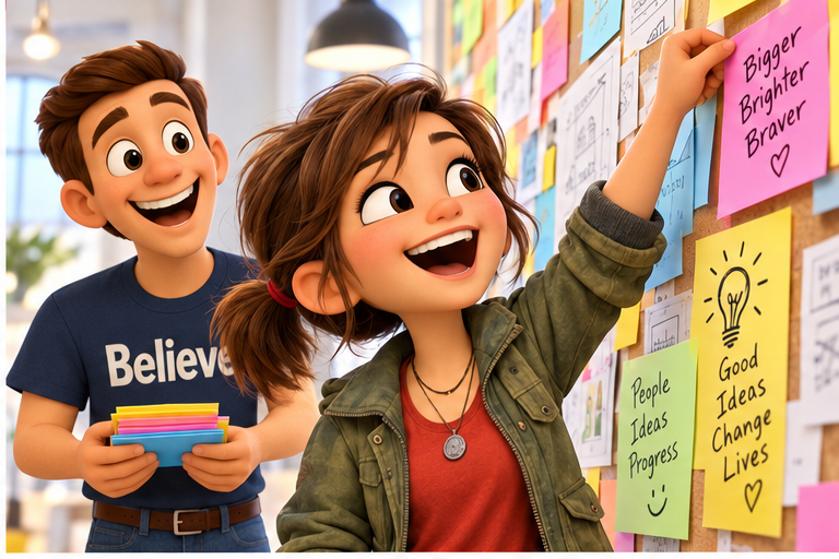 Sally pinning a card high on the board while Chadwick holds a stack of cards