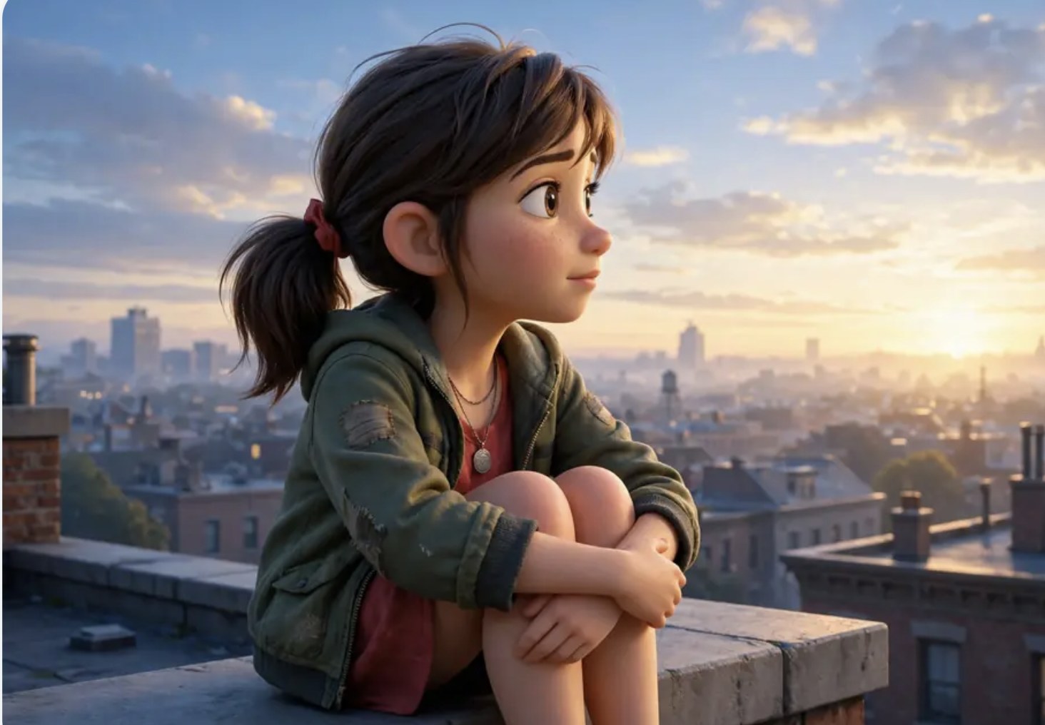 Sally on a rooftop at dawn, looking over the city