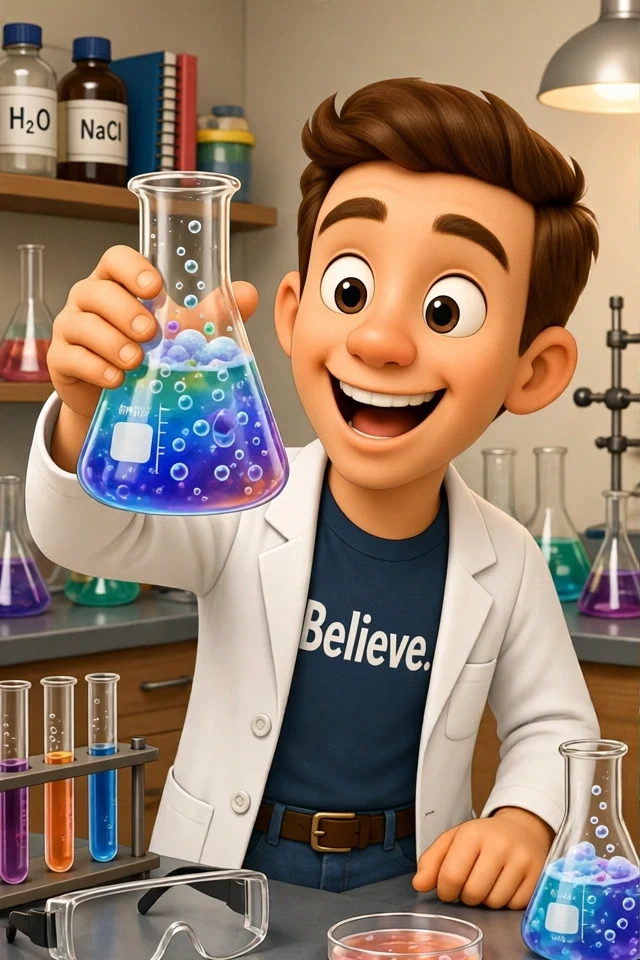 Chadwick in the lab, white coat on, holding up a bubbling beaker
