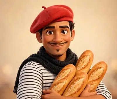 Henri Hue, the Studio designer, in his beret with baguettes and wine